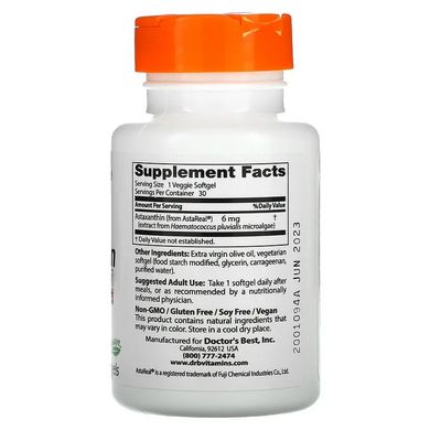 Doctor's Best, астаксантин с AstaReal, 6 мг, 30 растительных капсул (DRB-00366), фото