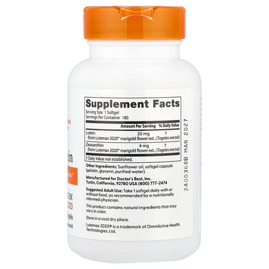 Doctor's Best, лютеїн з Lutemax 2020, 20 мг, 180 капсул (DRB-00370), фото