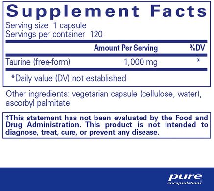 Таурин 1000 мг, Taurine 1000 mg, Pure Encapsulations, 120 капсул (PE-00558), фото