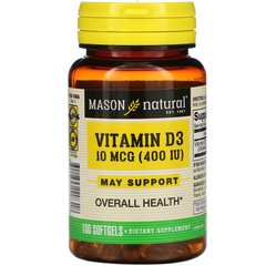 Mason Natural, Витамин D3, 10 мкг (400 МЕ), 100 мягких таблеток (MAV-11831), фото