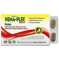 Nature's Plus, Hema-Plex, железо с незаменимыми питательными веществами для здоровых эритроцитов, 10 таблеток с замедленным высвобождением (NAP-99662), фото