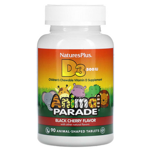 Nature's Plus, Source of Life, Animal Parade, витамин D3, без сахара, с натуральным вкусом черешни, 12,5 мкг (500 МЕ), 90 таблеток в форме животных (NAP-29950), фото