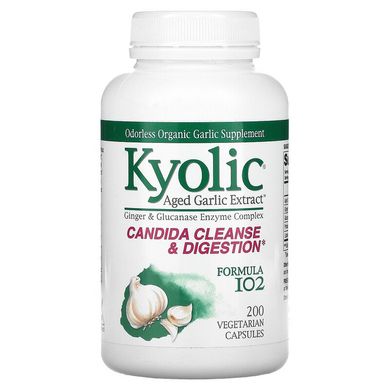 Kyolic, екстракт витриманого часнику, формула 102 для видалення дріжджового грибка та поліпшення травлення, 200 рослинних капсул (WAK-10242), фото