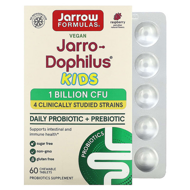 Jarrow Formulas, Jarro-Dophilus, пробиотики и пребиотики для детей, для ежедневного приема, малина, 1 млрд КОЕ, 60 жевательных таблеток (JRW-03069), фото