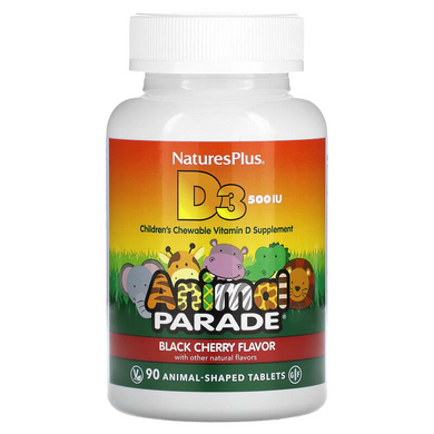 Nature's Plus, Source of Life, Animal Parade, вітамін D3, без цукру, з натуральним смаком черешні, 12,5 мкг (500 МО), 90 таблеток у формі тварин (NAP-29950), фото
