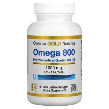 California Gold Nutrition, омега 800, рыбий жир фармацевтической степени чистоты, 80% ЭПК/ДГК, в форме триглицеридов, 1000 мг, 90 рыбно-желатиновых капсул (CGN-01266), фото