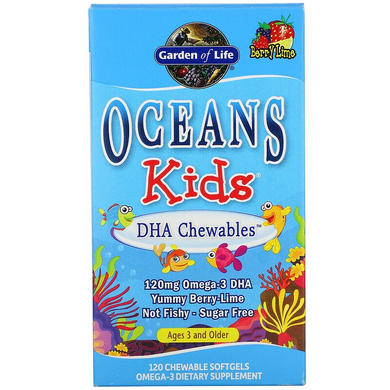 Garden of Life, Oceans Kids, DHA Chewables, від 3 років і старше, смак ягід і лайма, 120 мг, 120 жувальних м'яких таблеток (GOL-11387), фото