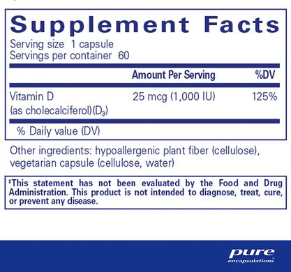 Pure Encapsulations, Вітамін Д3, 1000 МО, 60 капсул (PE-00819), фото