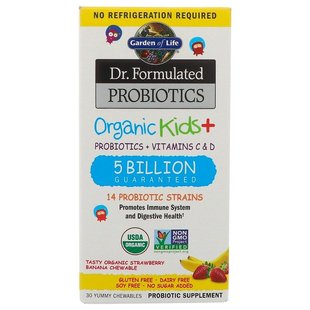 Garden of Life, Dr. Formulated Probiotics, Organic Kids+, зі смаком органічної полуниці та банана, 30 смачних жувальних таблеток (GOL-12221), фото