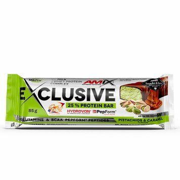 Amix, Батончик Exclusive Protein Bar, фісташка + карамель, 85 г, 1/12 (817885), фото