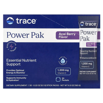 Trace, Power Pak, електроліти для підвищення витривалості, ягоди асаї, 30 пакетиків у вигляді стиків по 6,1 г (TMR-00263), фото