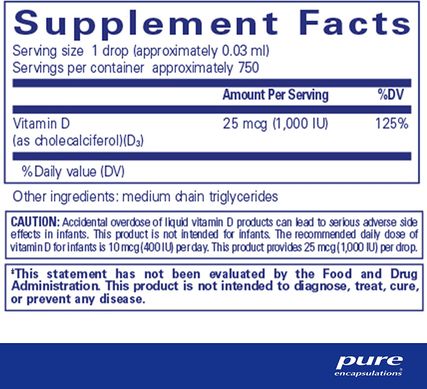 Витамин D3 жидкость, Vitamin D3 liquid, Pure Encapsulations, 22.5 мл (PE-01069), фото