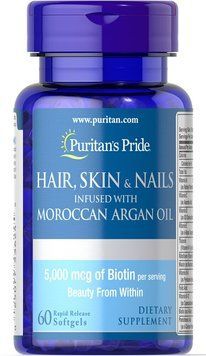 Комплекс для шкіри, нігтів і волосся Puritan's Pride, Hair, Skin & Nails infused with Moroccan Argan Oil 60 капсул (PTP-53624), фото
