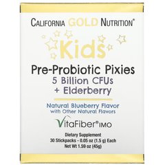 California Gold Nutrition, Pixies, пребіотики та пробіотики для дітей, 5 млрд. КУО, з додаванням бузини, з натуральним смаком лохини, 30 пакетиків по 1,5 г (CGN-01853), фото