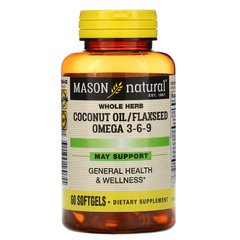 Mason Natural, Цільнозернове кокосове масло / лляне насіння омега 3-6-9, 60 м'яких таблеток (MAV-16965), фото
