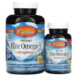 Carlson Labs, Elite Omega-3 Gems, добірні омега-3 кислоти, натуральний лимонний смак, 800 мг, 90+30 м'яких таблеток (CAR-01714), фото