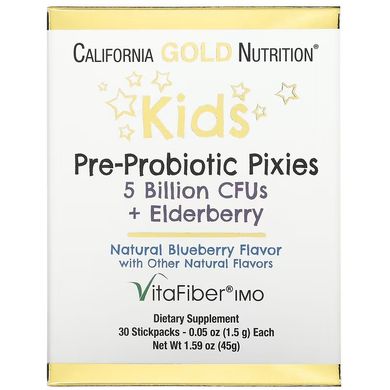 California Gold Nutrition, Pixies, пребиотики и пробиотики для детей, 5 млрд. КОЕ, с добавлением бузины, с натуральным вкусом голубики, 30 пакетиков по 1,5 г (CGN-01853), фото