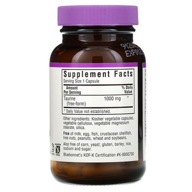 Таурин, Bluebonnet Nutrition, 1000 мг, 50 вегетарианских капсул (BLB-00087), фото