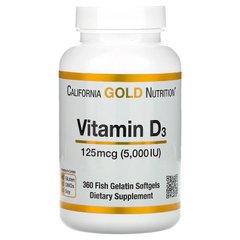 California Gold Nutrition, Вітамін D3, 125 мкг (5000 МО), 360 капсул з риб'ячого желатину (CGN-01066), фото