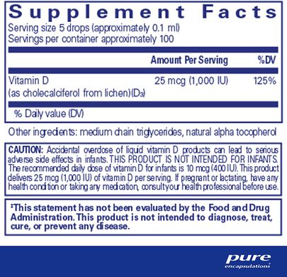 Витамин D3 жидкость (Веганская), Vitamin D3, Pure Encapsulations, 10 мл (PE-01644), фото