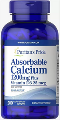 Кальцій і вітамін Д3, Absorbable Calcium with Vitamin D3, Puritan's Pride, 1200 мг / 1000 МО, 200 гелевих капсул (PTP-16274), фото