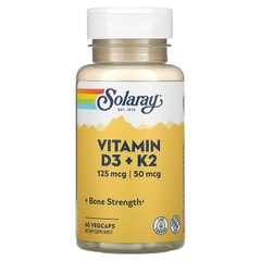 Solaray, вітаміни D3 та K2, 125 мкг (5000 МО)/50 мкг, без сої, 60 вегетаріанських капсул (SOR-38584), фото