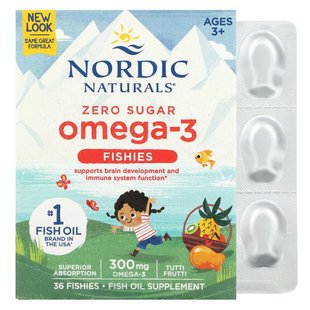 Nordic Naturals, рибки з омега-3, без цукру, для дітей віком від 3 років, 300 мг, смак тутті-фрутті, 36 рибок (NOR-31130), фото