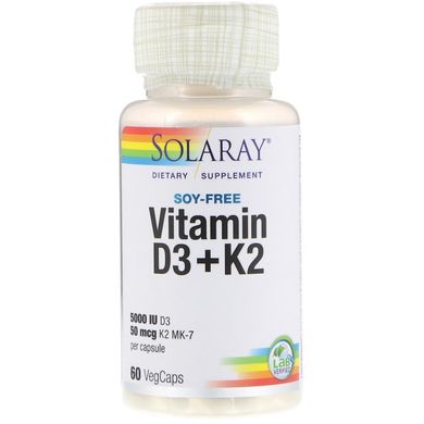 Solaray, вітаміни D3 та K2, 125 мкг (5000 МО)/50 мкг, без сої, 60 вегетаріанських капсул (SOR-38584), фото