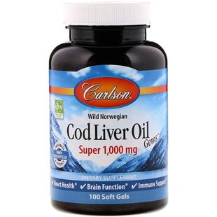 Carlson Labs, Wild Norwegian, Cod Liver Oil Gems, жир печени дикой норвежской трески в капсулах, высшего качества, 1000 мг, 100 капсул (CAR-01301), фото