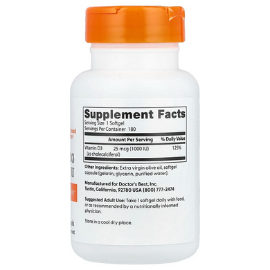 Вітамін D3 Doctor's Best Vitamin D3 - 1000 МО (25 мкг), 180 капсул, фото