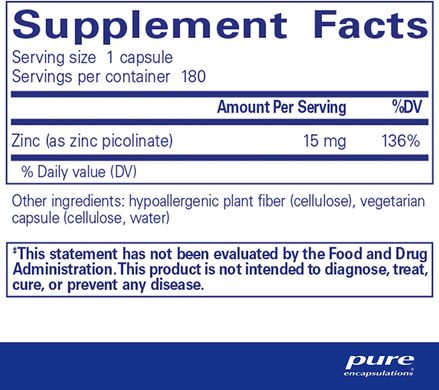 Pure Encapsulations, піколінат цинку, 15 мг, 180 капсул (PE-00251), фото