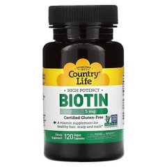Country Life, Високоефективний біотин, 5 мг (5000 мкг), 120 вегетаріанських капсул (CLF-06506), фото