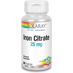 Цитрат железа, Iron citrate, Solaray, 25 мг, 60 вегетарианских капсул (SOR-46103), фото