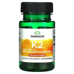 Swanson, Натуральный витамин K2, 100 мкг, 30 мягких гелевых капсул (SWV-02672), фото