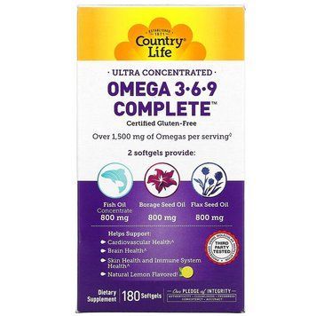 Омега 3-6-9 (концентрат) Country Life Omega 3-6-9 - Лимон, 180 капсул, фото
