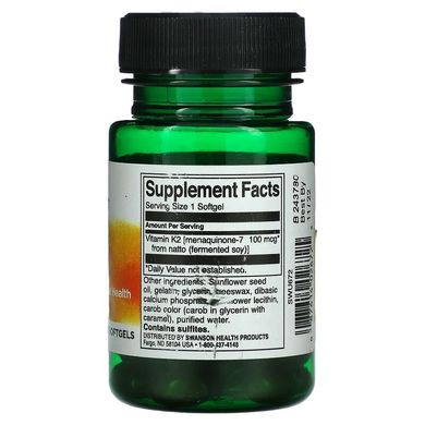 Swanson, Натуральный витамин K2, 100 мкг, 30 мягких гелевых капсул (SWV-02672), фото