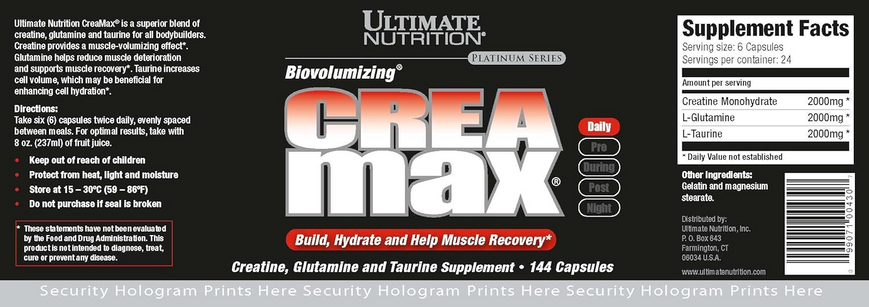 Ultimate Nutrition, Biovolumizing Crea Max с L-глютамином и L-таурином, 2000 мг, 144 капсулы (ULN-00430), фото