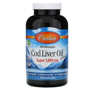 Carlson Labs, Wild Norwegian, Cod Liver Oil Gems, жир печени дикой норвежской трески в капсулах, высшего качества, 1000 мг, 250 капсул (CAR-01302), фото