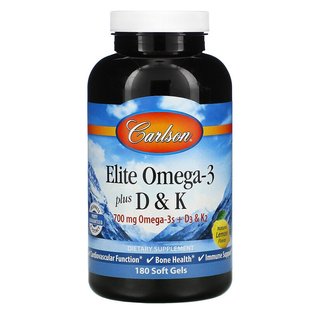 Carlson Labs, Elite Omega-3 с витаминами D и K, натуральный вкус лимона, 180 мягких таблеток (CAR-17520), фото