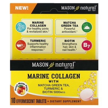 Mason Natural, Морской коллаген с зеленым чаем матча, куркумой и биотином, персиком и манго, 5000 мкг, 10 шипучих таблеток (MAV-18361), фото