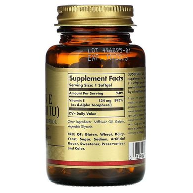 Solgar, натуральний вітамін Е, 200 МО, 100 капсул (SOL-03481), фото