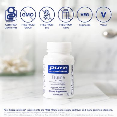 Таурин, Taurine, Pure Encapsulations, 500 мг, 60 капсул (PE-00246), фото