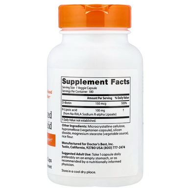 R-ліпоєва кислота Na-RALA Doctor's Best Stabilized R-Lipoic Acid - 100 мг, 180 капсул, фото