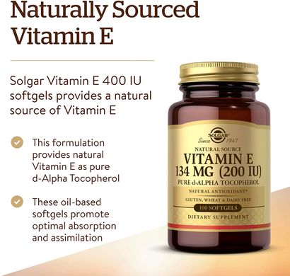Solgar, натуральный витамин Е, 200 МЕ, 100 капсул (SOL-03481), фото