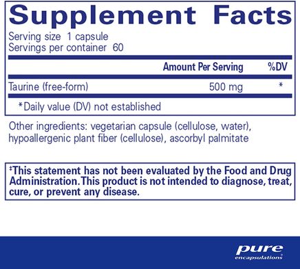 Таурин, Taurine, Pure Encapsulations, 500 мг, 60 капсул (PE-00246), фото