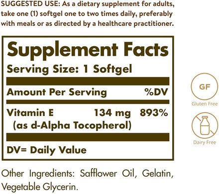 Solgar, натуральный витамин Е, 200 МЕ, 100 капсул (SOL-03481), фото