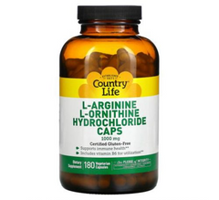 Country Life, L-аргинин и L-орнитин, 1000 мг, 180 капсул (CLF-01037), фото