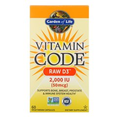 Garden of Life, Vitamin Code, RAW D3, 50 мкг (2000 МО), 60 вегетаріанських капсул (GOL-11413), фото