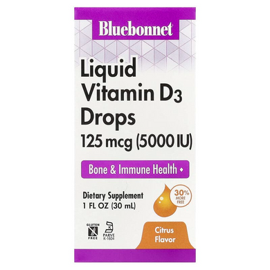 Bluebonnet Nutrition, Жидкий витамин D3 в каплях с натуральным цитрусовым вкусом, 125 мкг (5000 МЕ), 30 мл (BLB-00378), фото