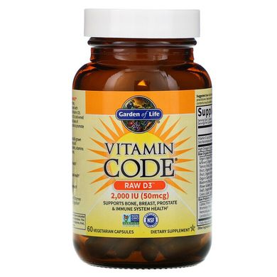Garden of Life, Vitamin Code, RAW D3, 50 мкг (2000 МО), 60 вегетаріанських капсул (GOL-11413), фото